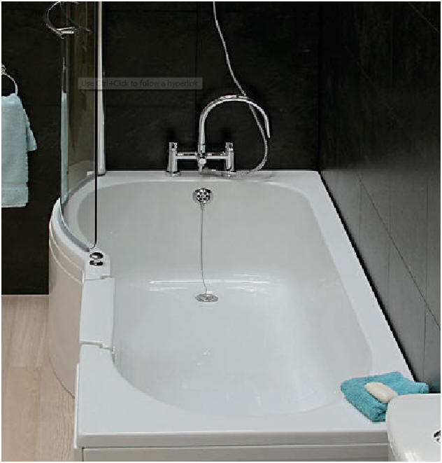 Walk in Shower Bath Long low traditional style bath with door entry and dedicated shower area
